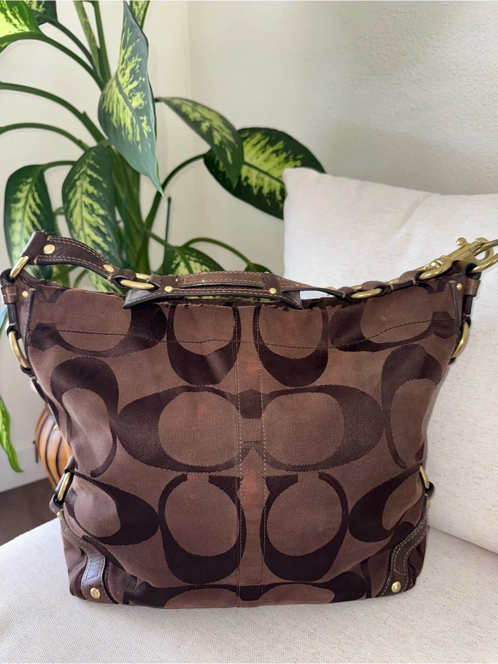 Coach Y2K Vintage Signature Carly Canvas Large Brown Hobo Shoulder Purse #10620